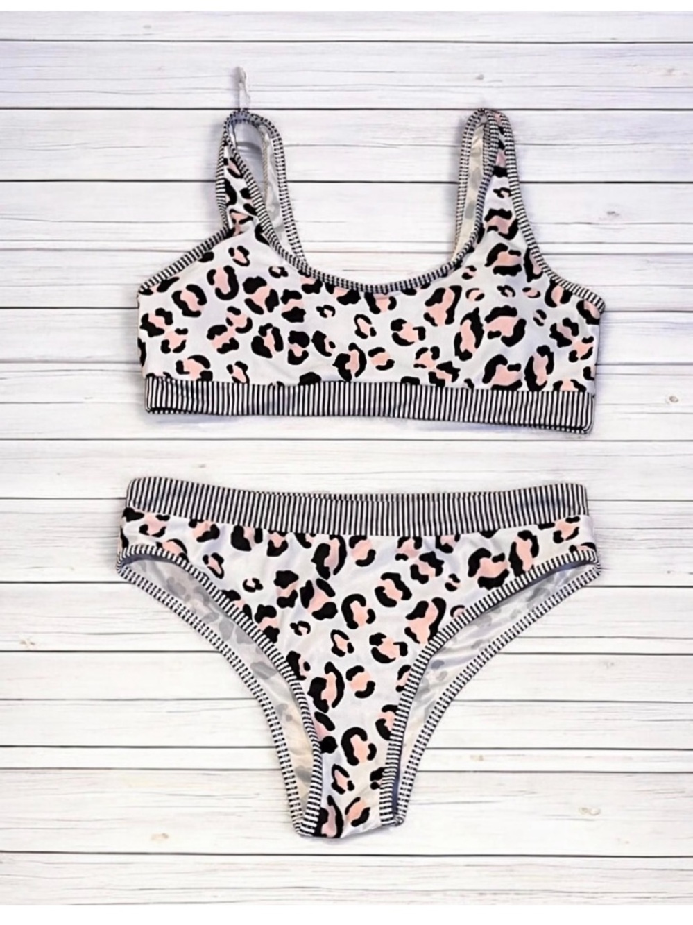 Pink Leopard Print Scoop Neck Two-Piece Bikini Set Striped Trim High Rise Bottom